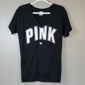 PINK Victoria's Secret Black Vneck Tee with White Logo. Size XS.